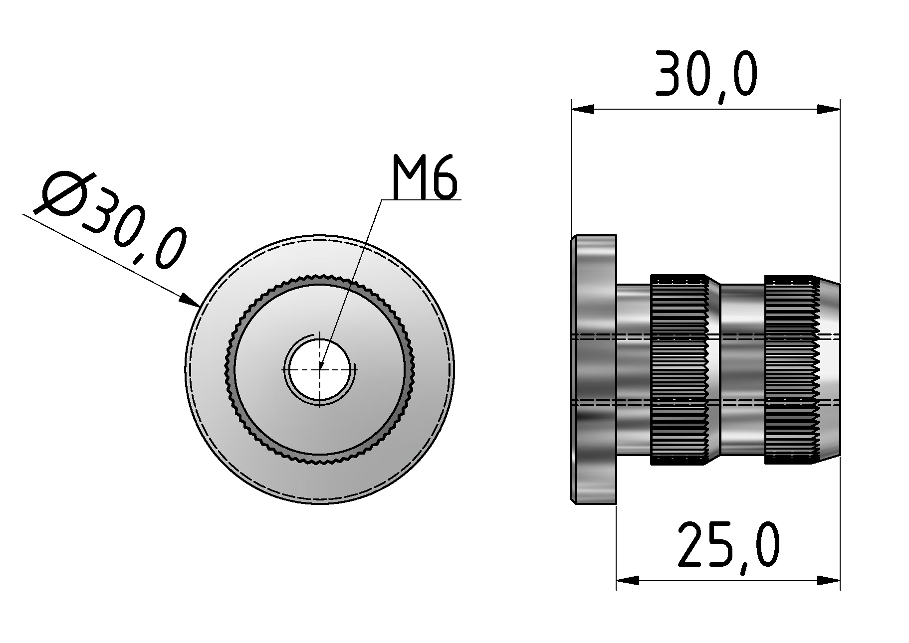 Threaded Insert, Profile Tube D30 M6 Al, natural