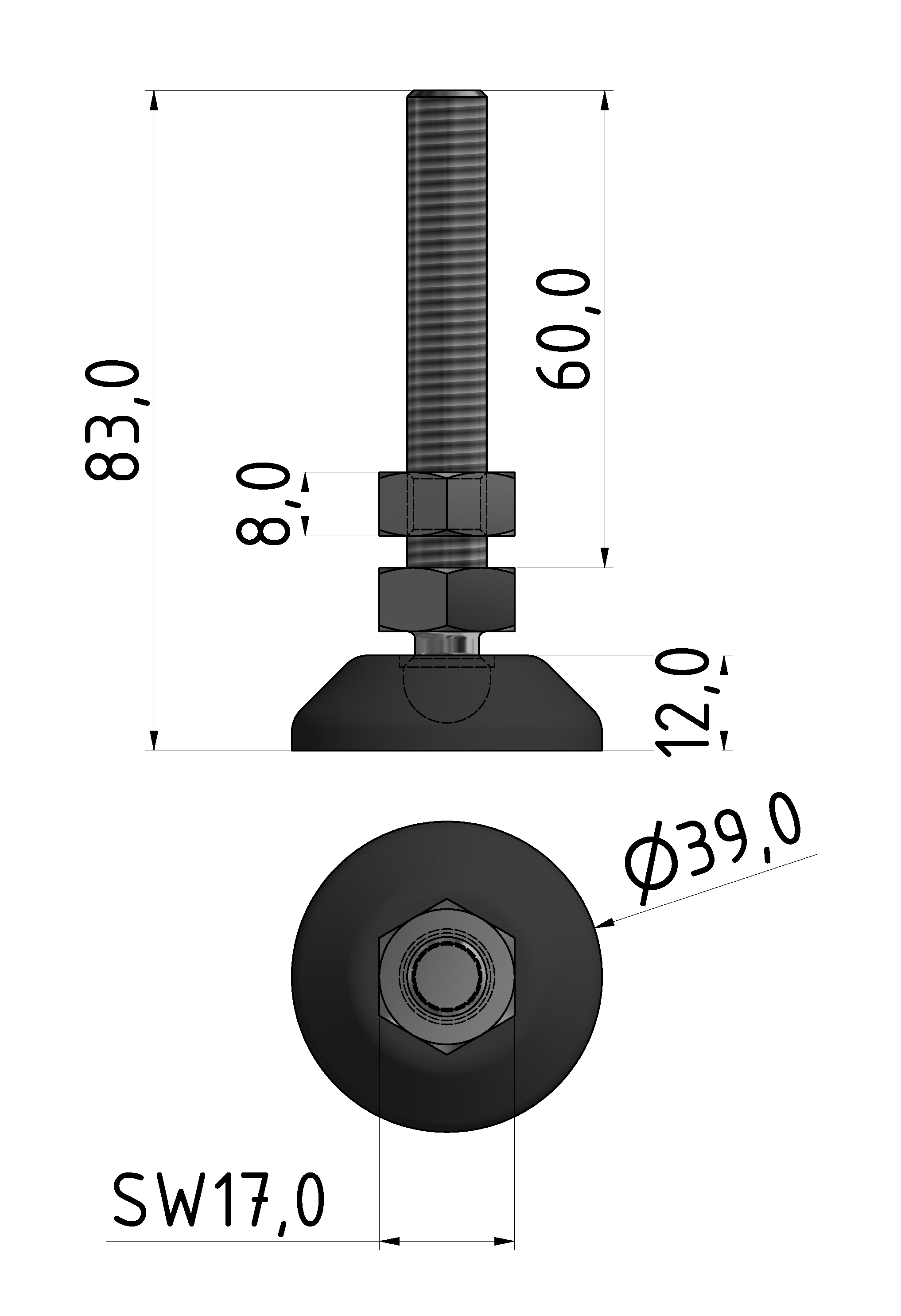 Stellfuß D40, M10x80, schwarz