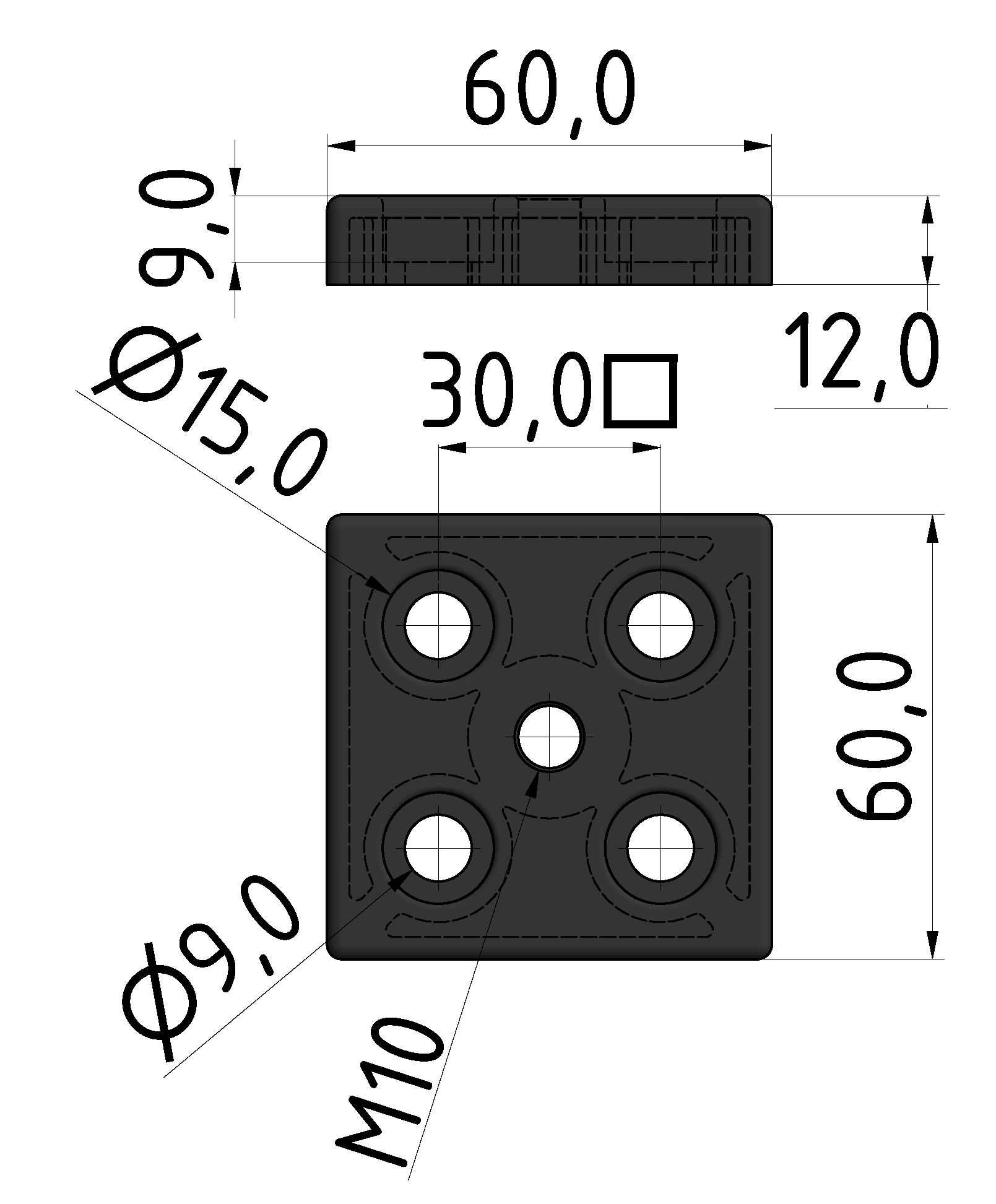 Fußplatte 830 60x60, M10, schwarz