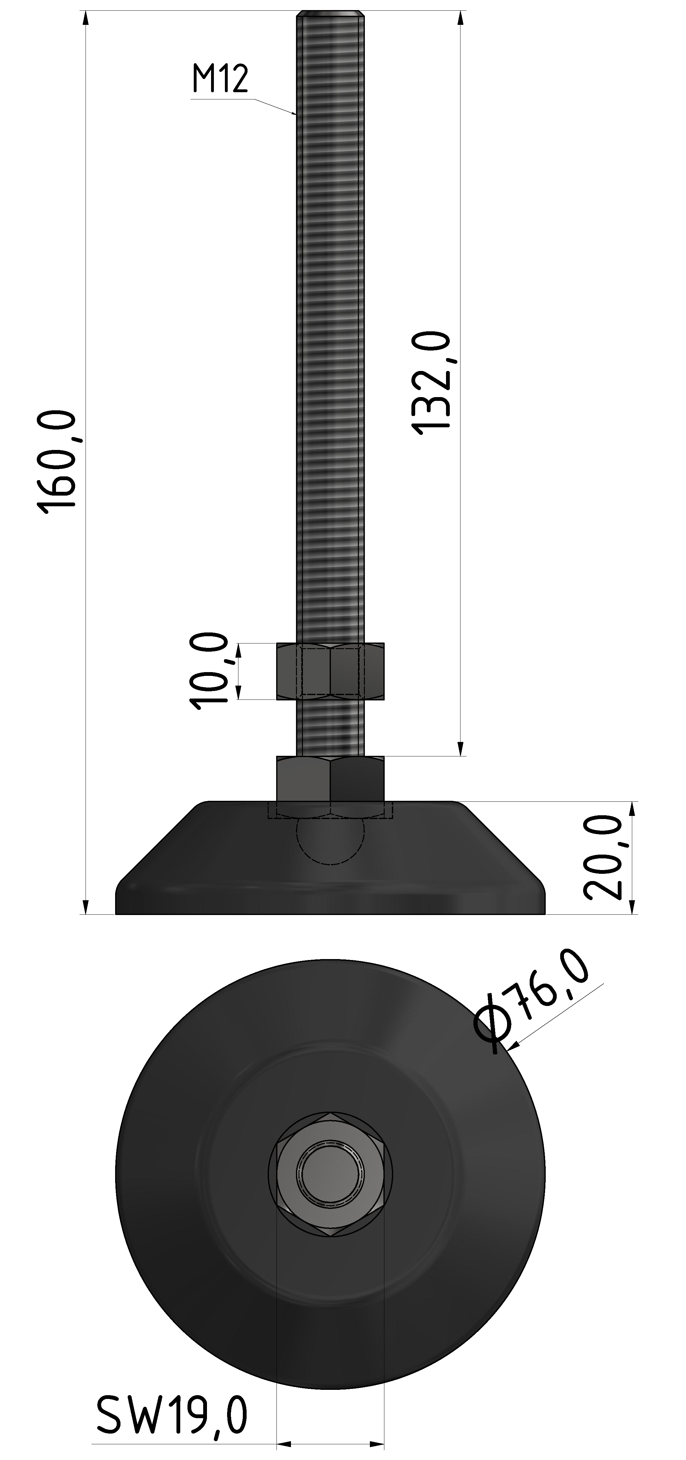 Stellfuß D80, M12x160, schwarz