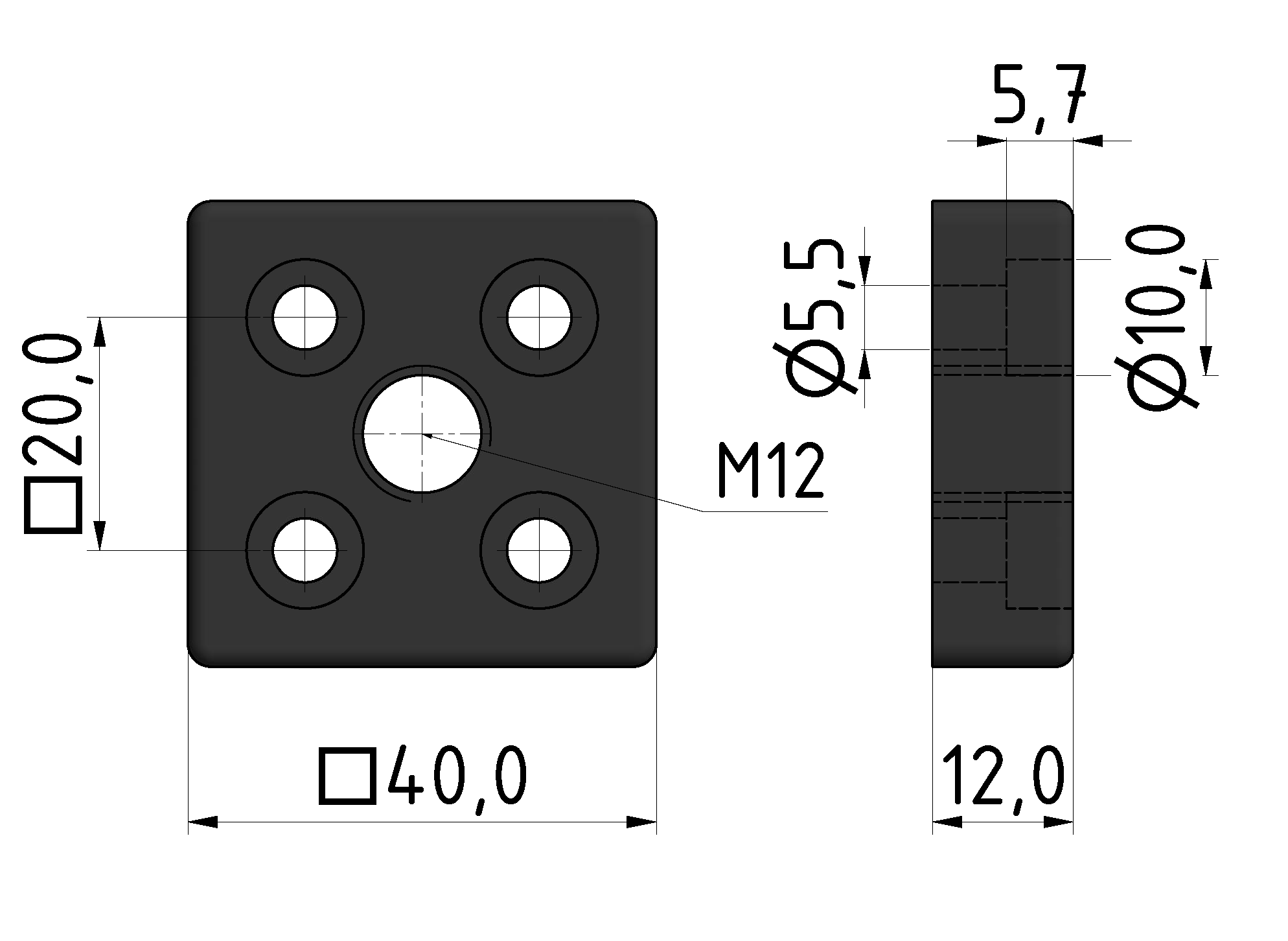 Fußplatte 5 40x40, M12, schwarz