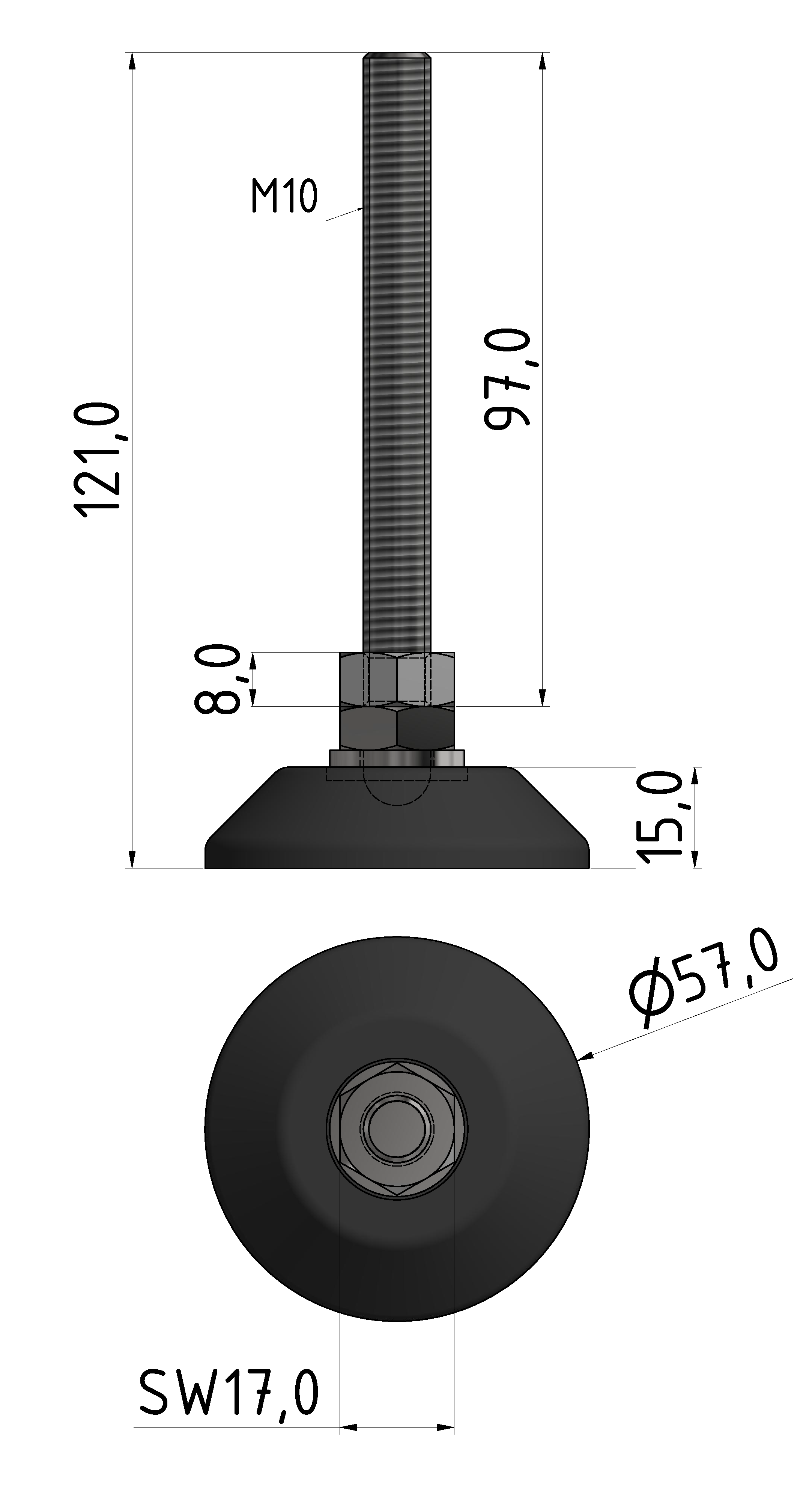 Stellfuß D60, M10x120, schwarz