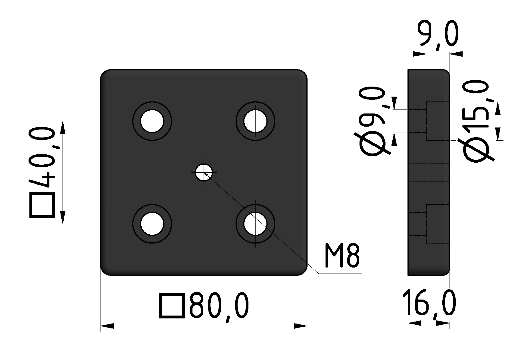 Fußplatte 8 80x80, M8, schwarz