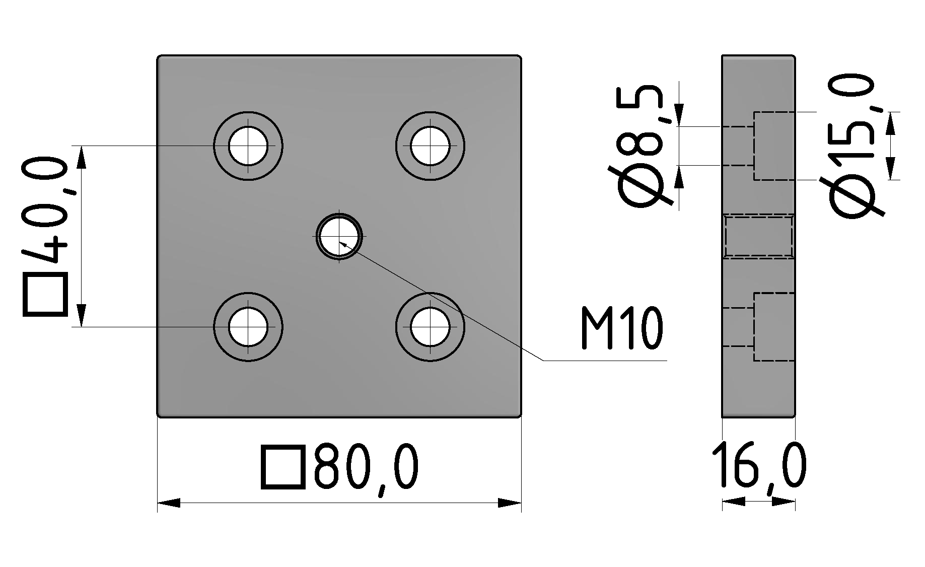 Fußplatte X 8 80x80, M10, weißaluminium