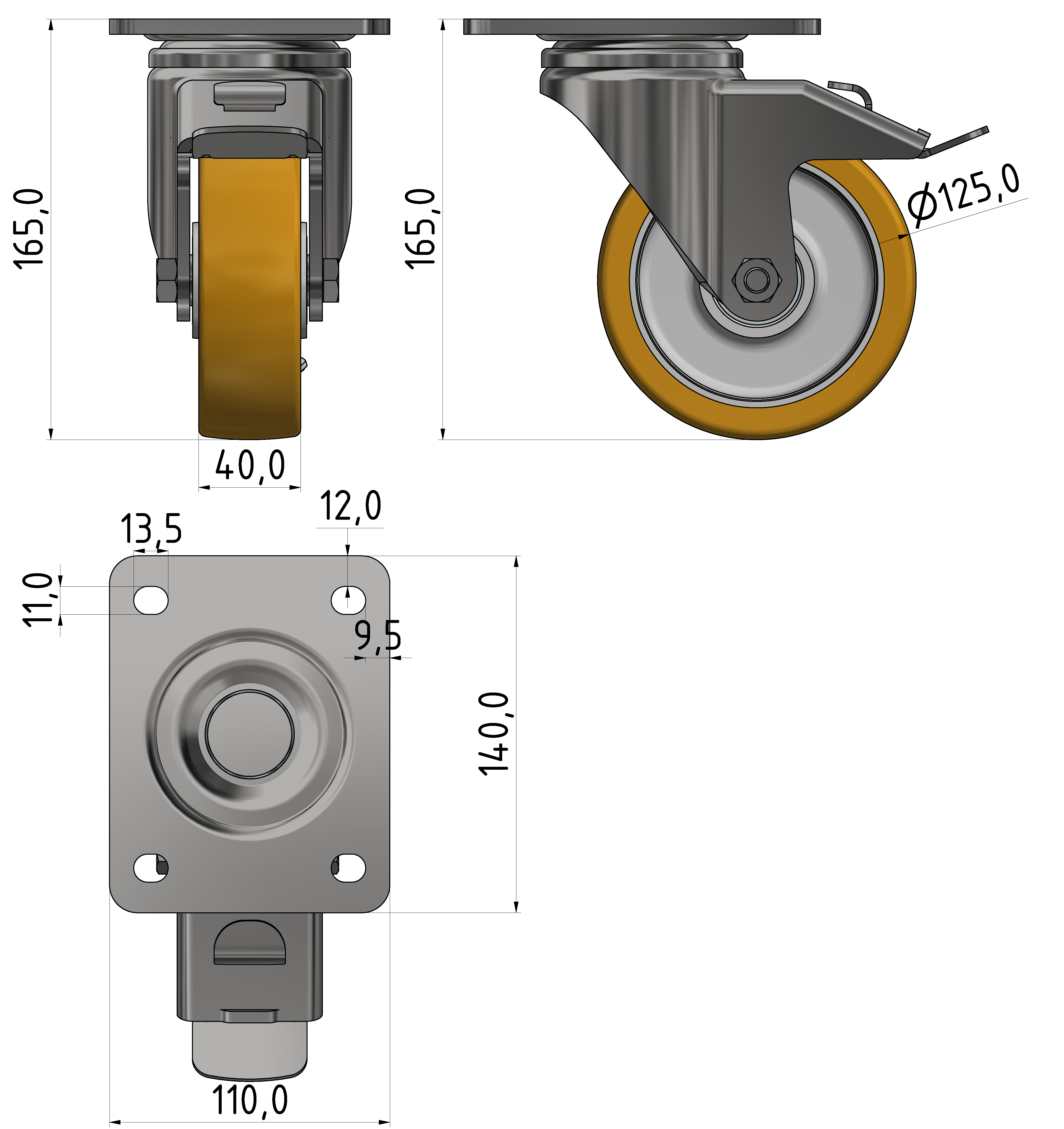 Castor D125 swivel with double-brake, heavy-duty-8