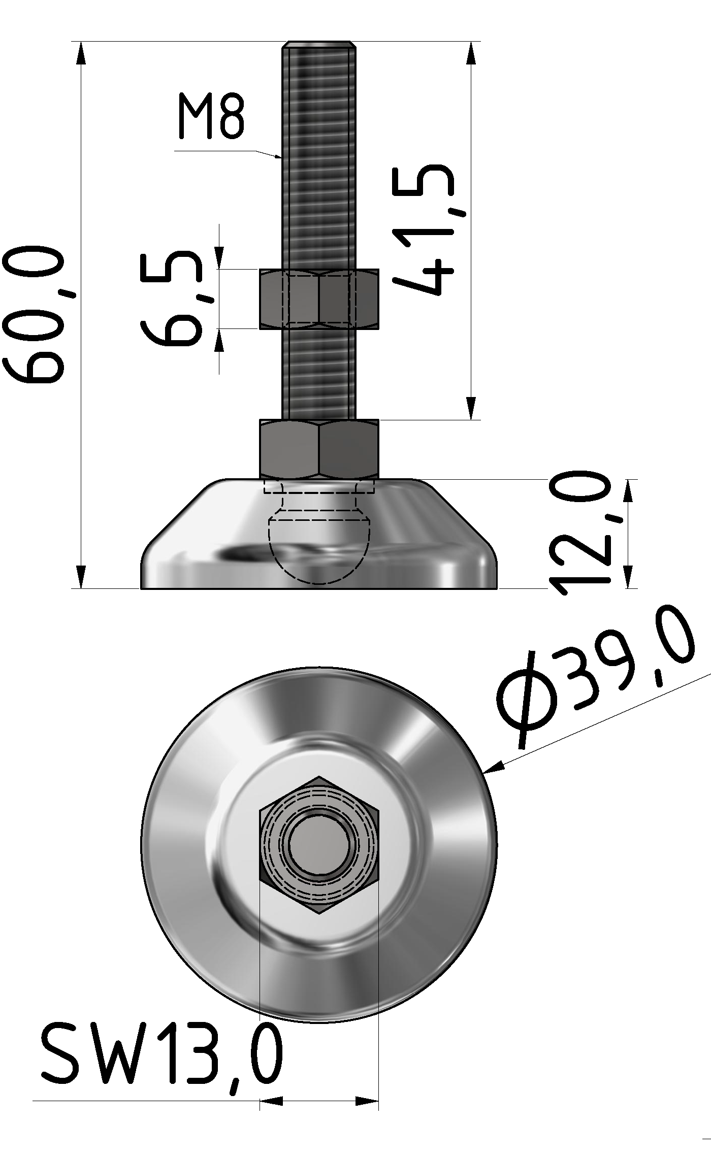 Knuckle Foot D40, M8x60, stainless