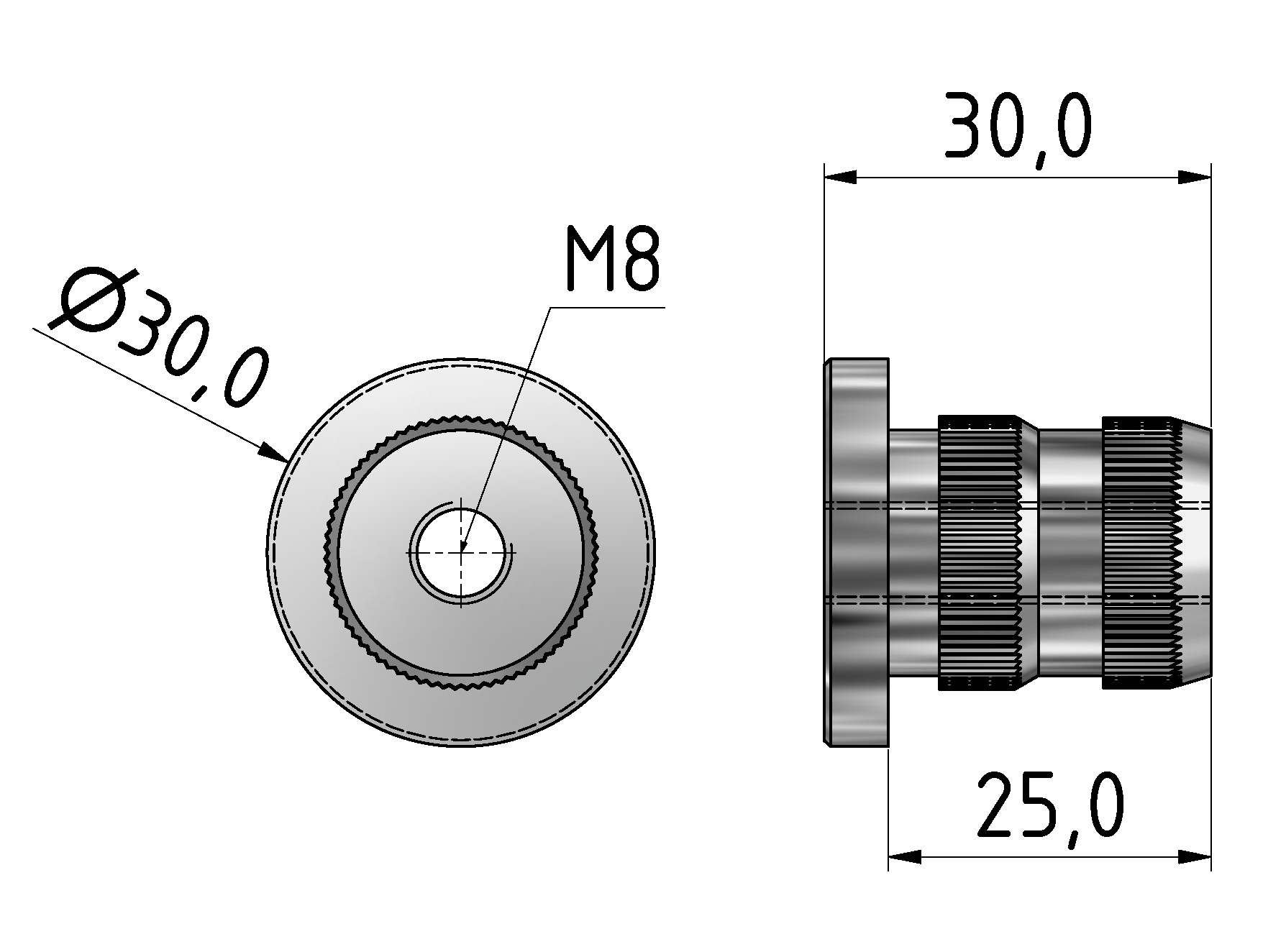 Gewindeeinsatz Profilrohr D30 M8 Al, natur