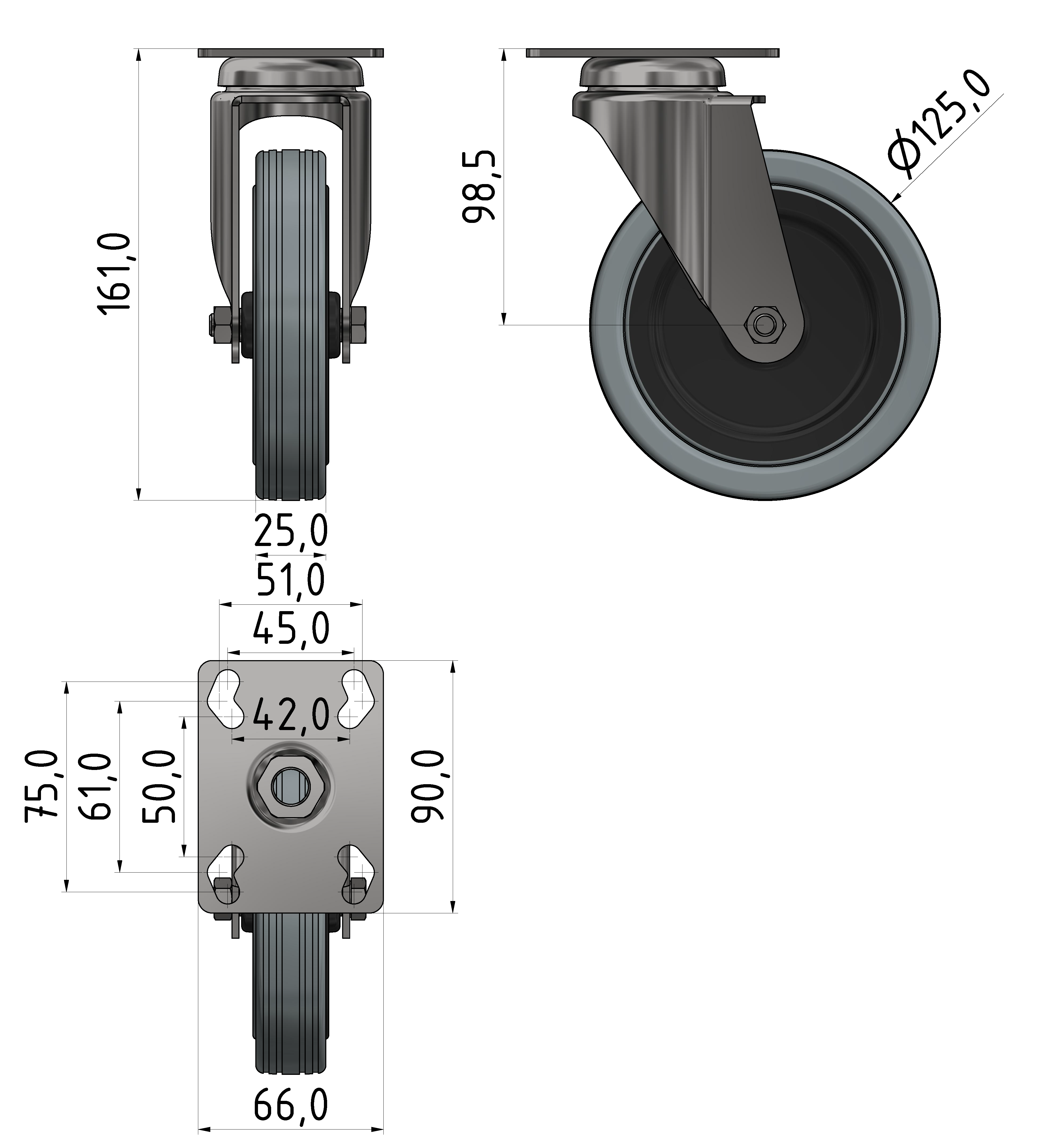 Castor D125 Fitting Plate, bright zinc-plated