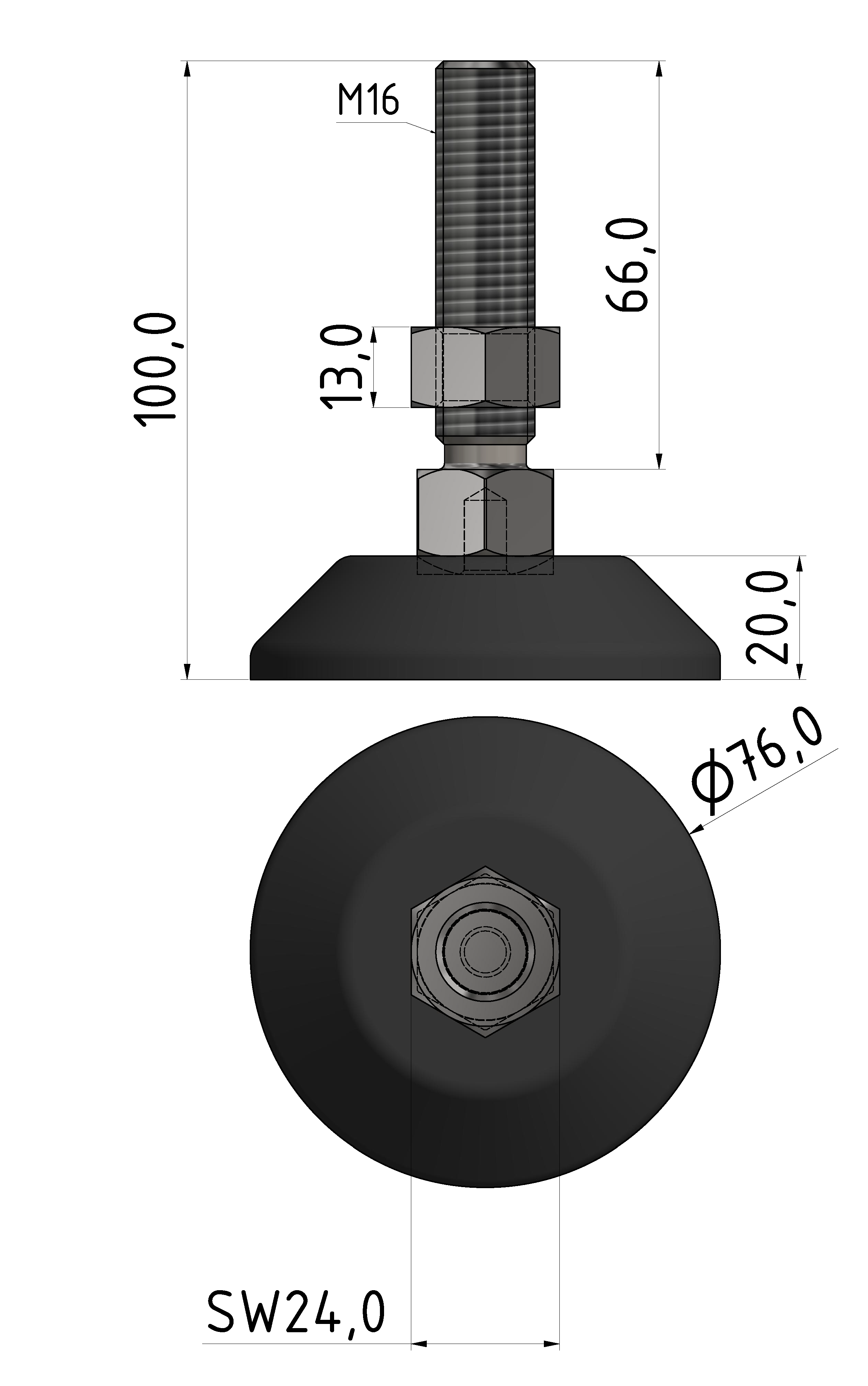 Stellfuß D80, M16x100, schwarz