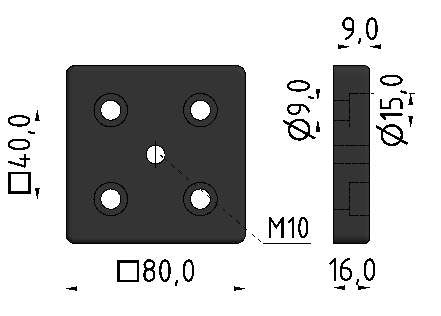 Fußplatte 8 80x80, M10, schwarz