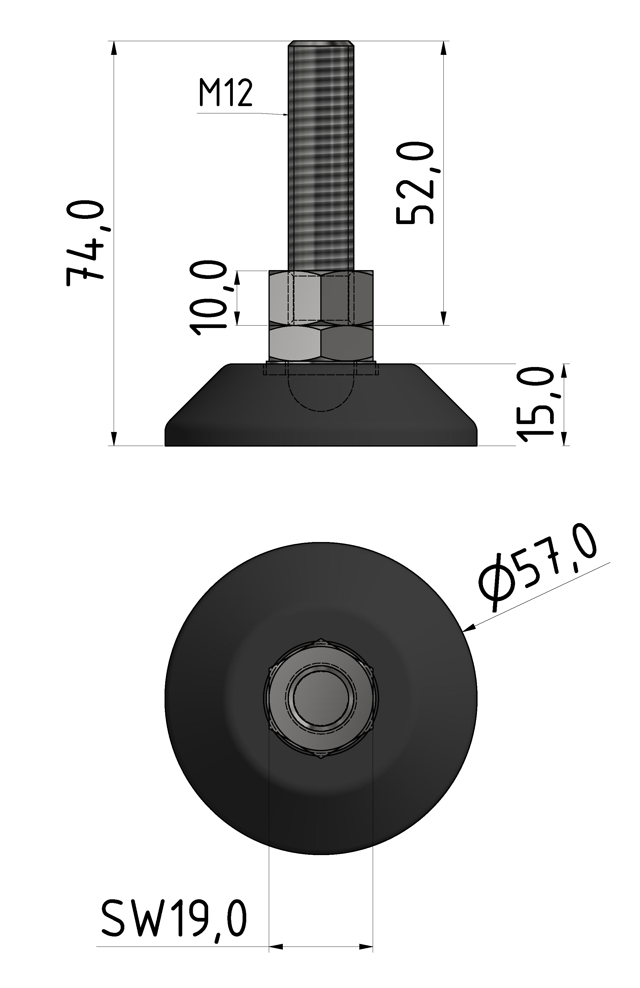 Stellfuß D60, M12x75, schwarz