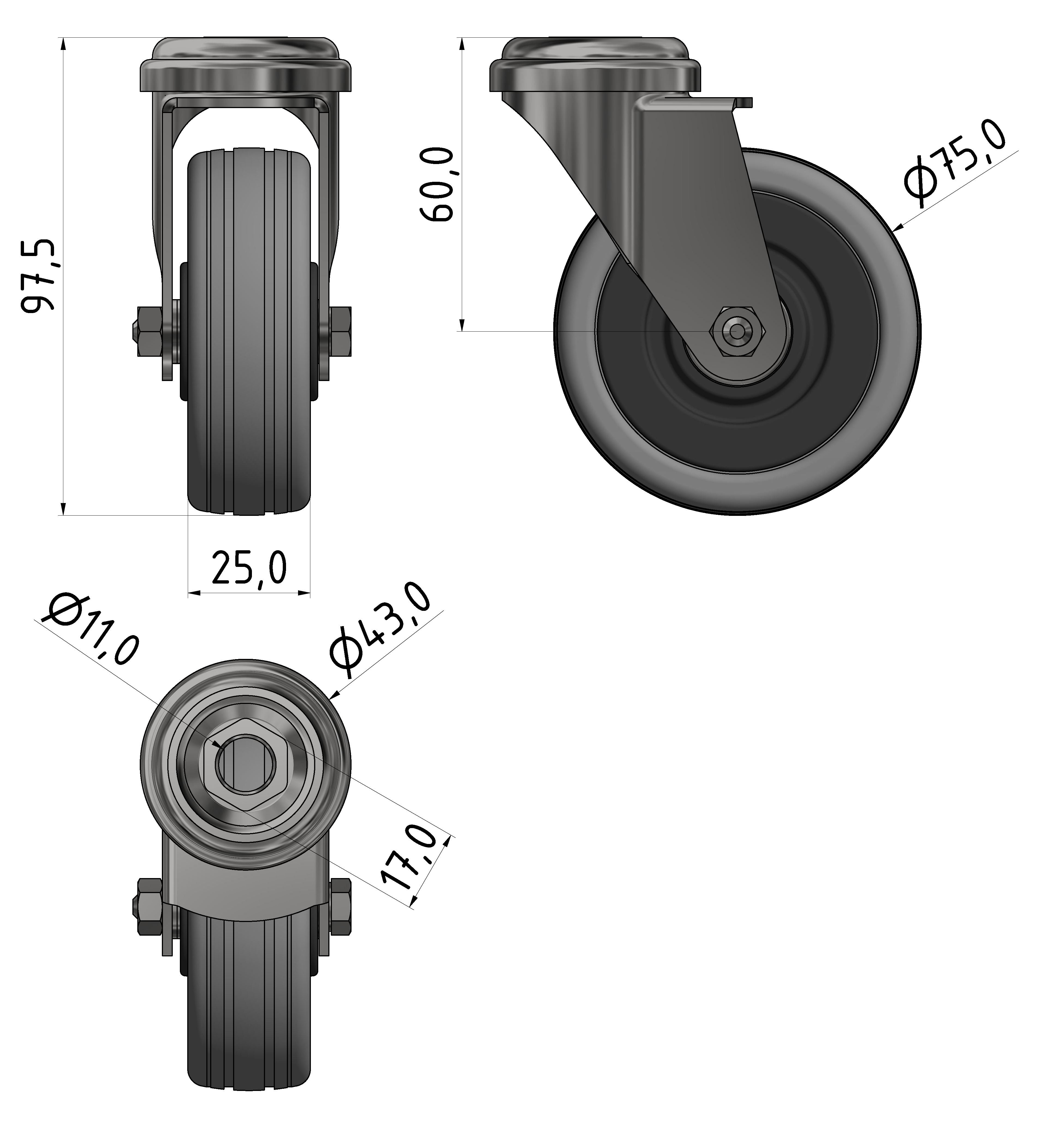 Lenkrolle D75, verzinkt-8