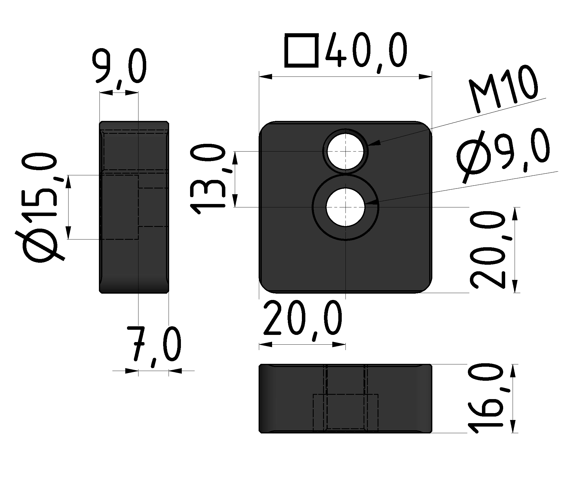 Fußplatte 8 40x40, M10, schwarz