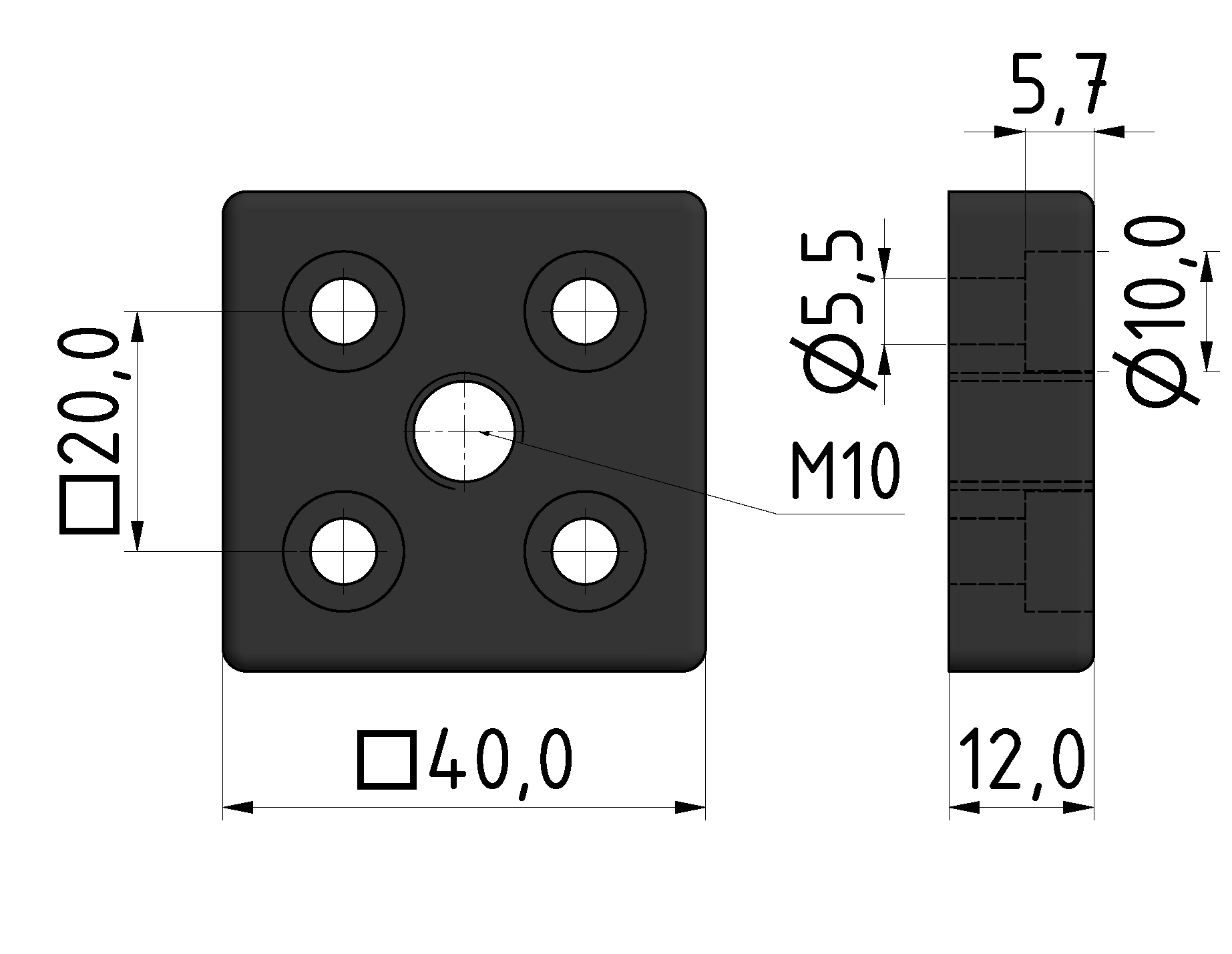 Fußplatte 5 40x40, M10, schwarz