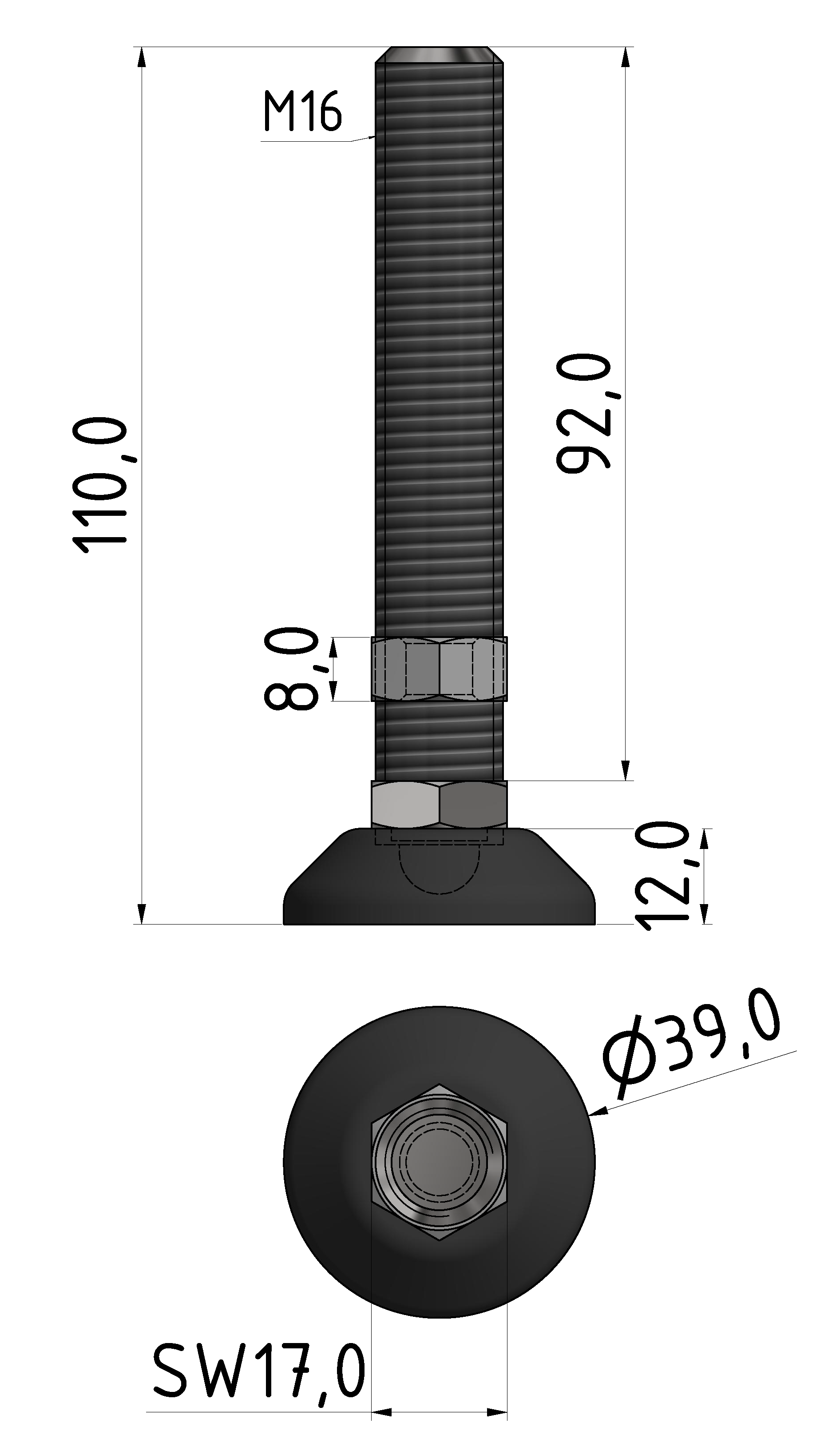 Knuckle Foot D40, M16x100, black