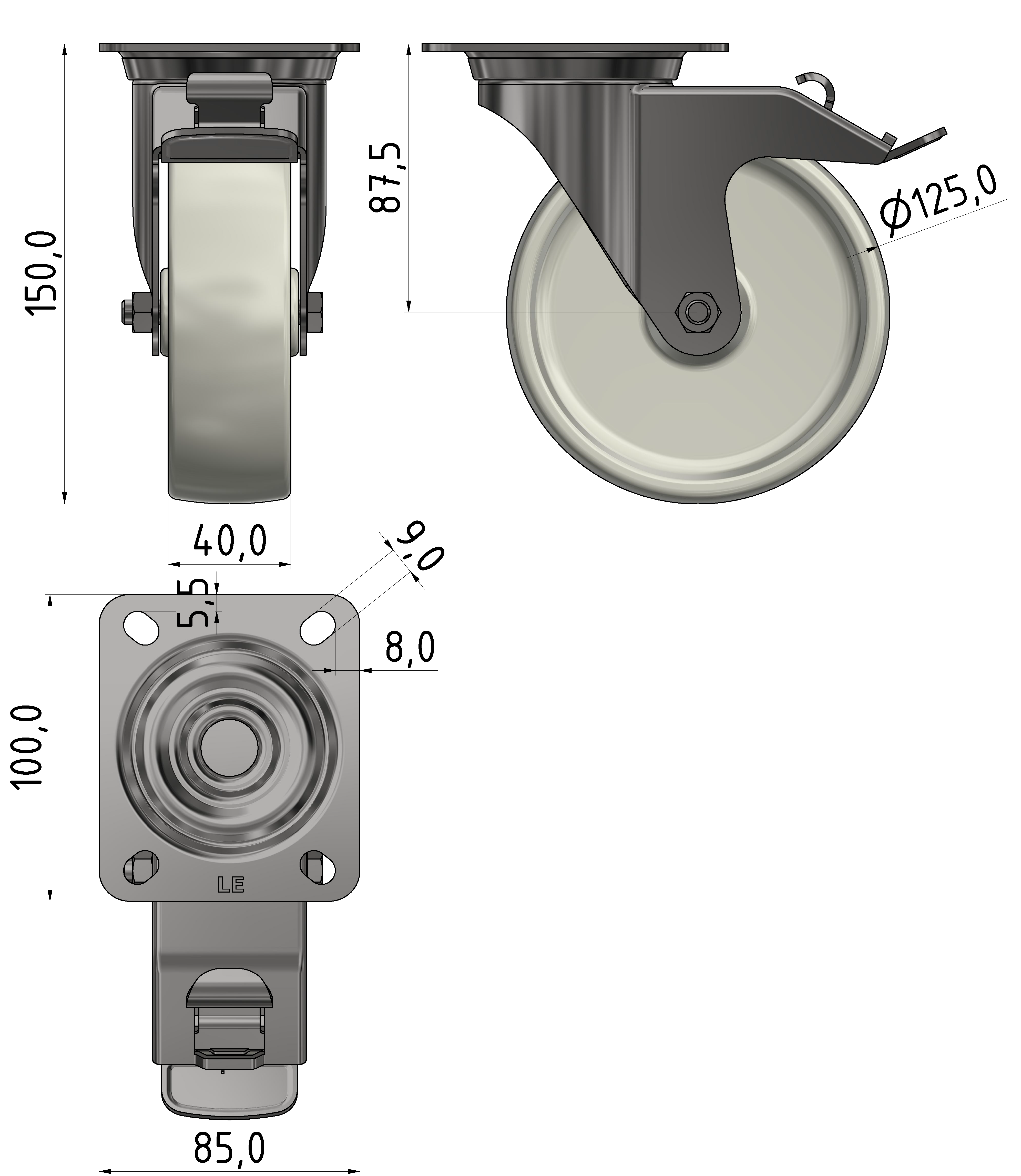 Castor D125 swivel with double-brake Fitting Plate, bright zinc-plated