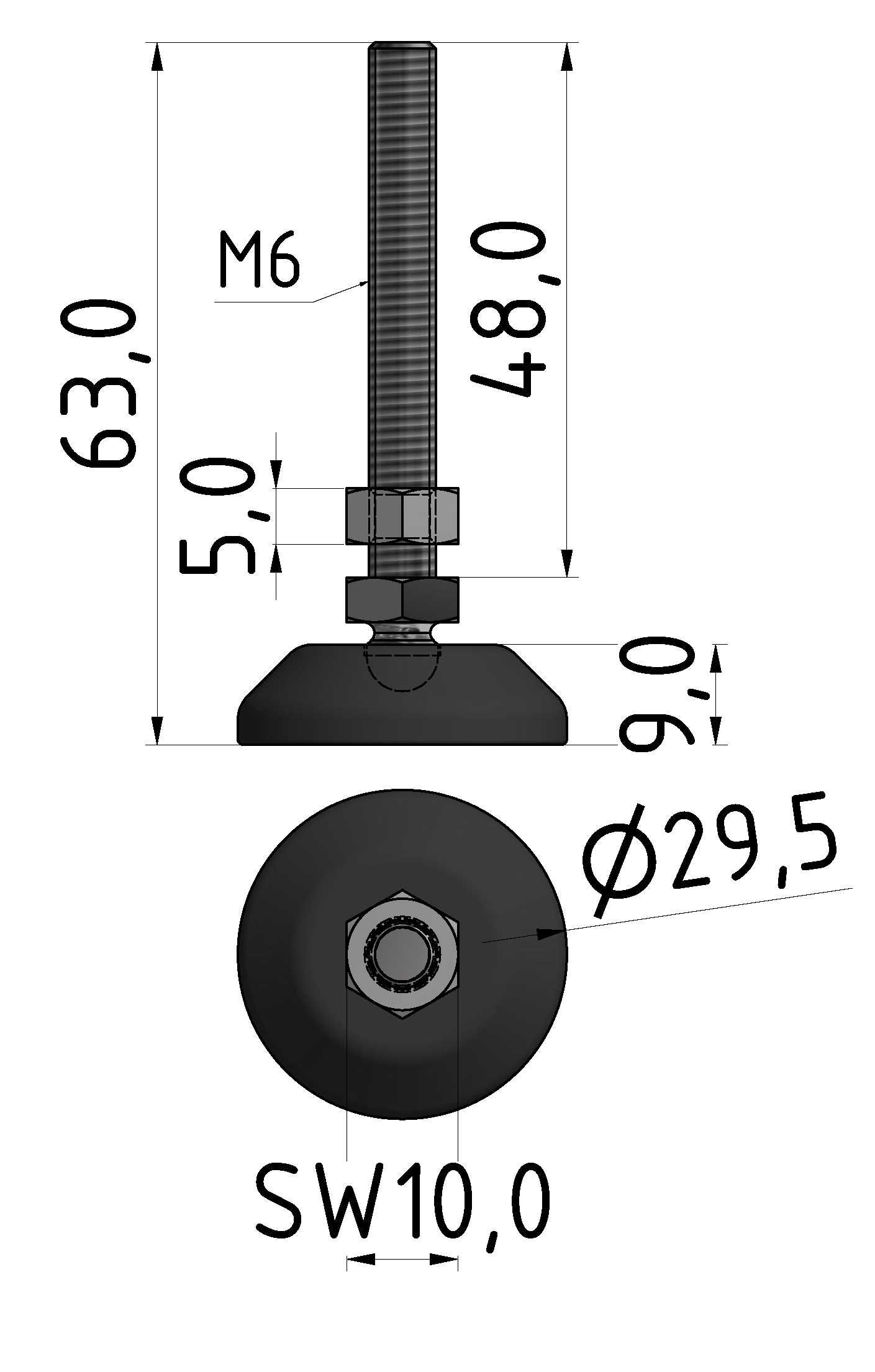 Stellfuß D30, M6x60, schwarz