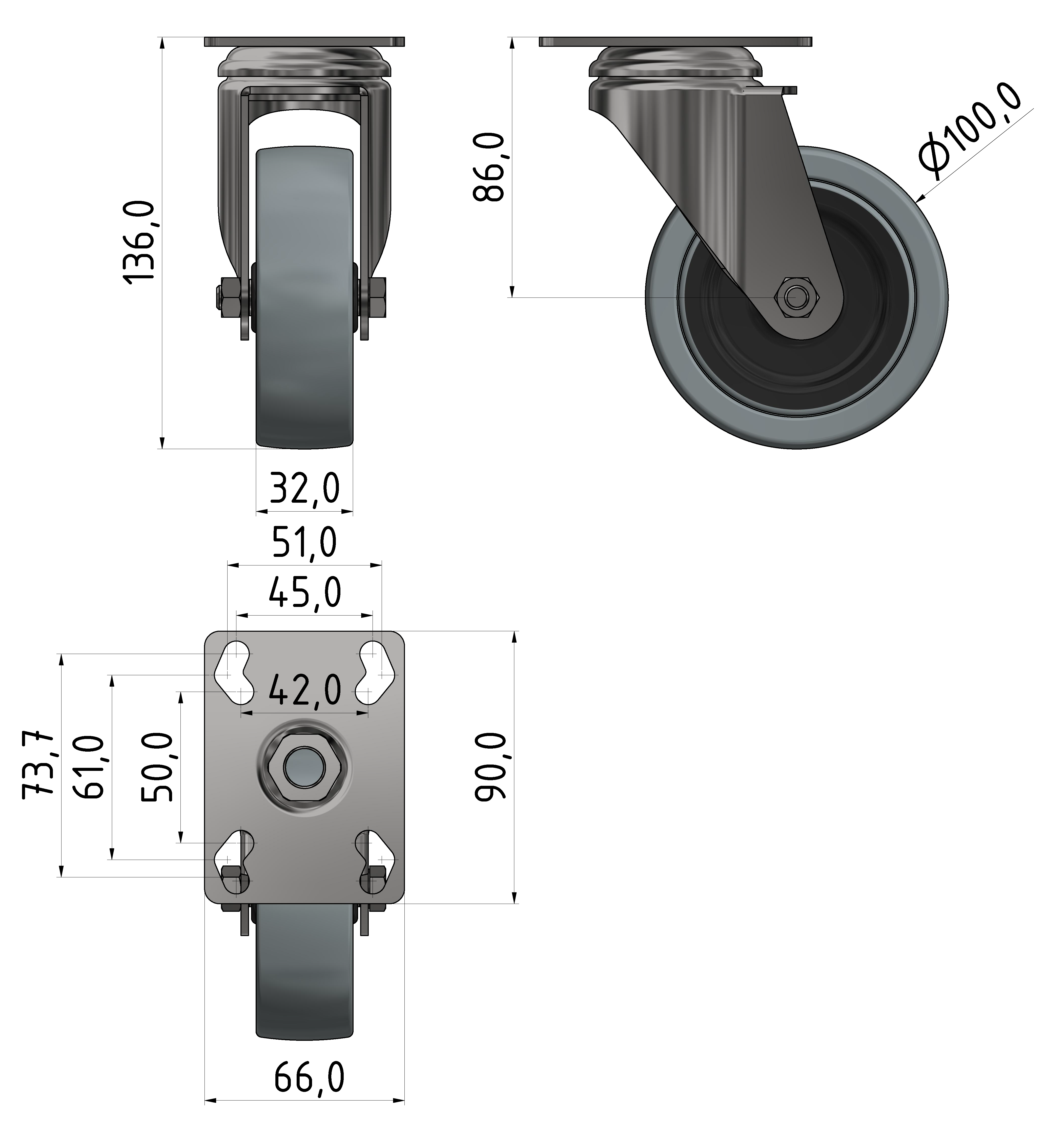 Castor D100 Fitting Plate, bright zinc-plated