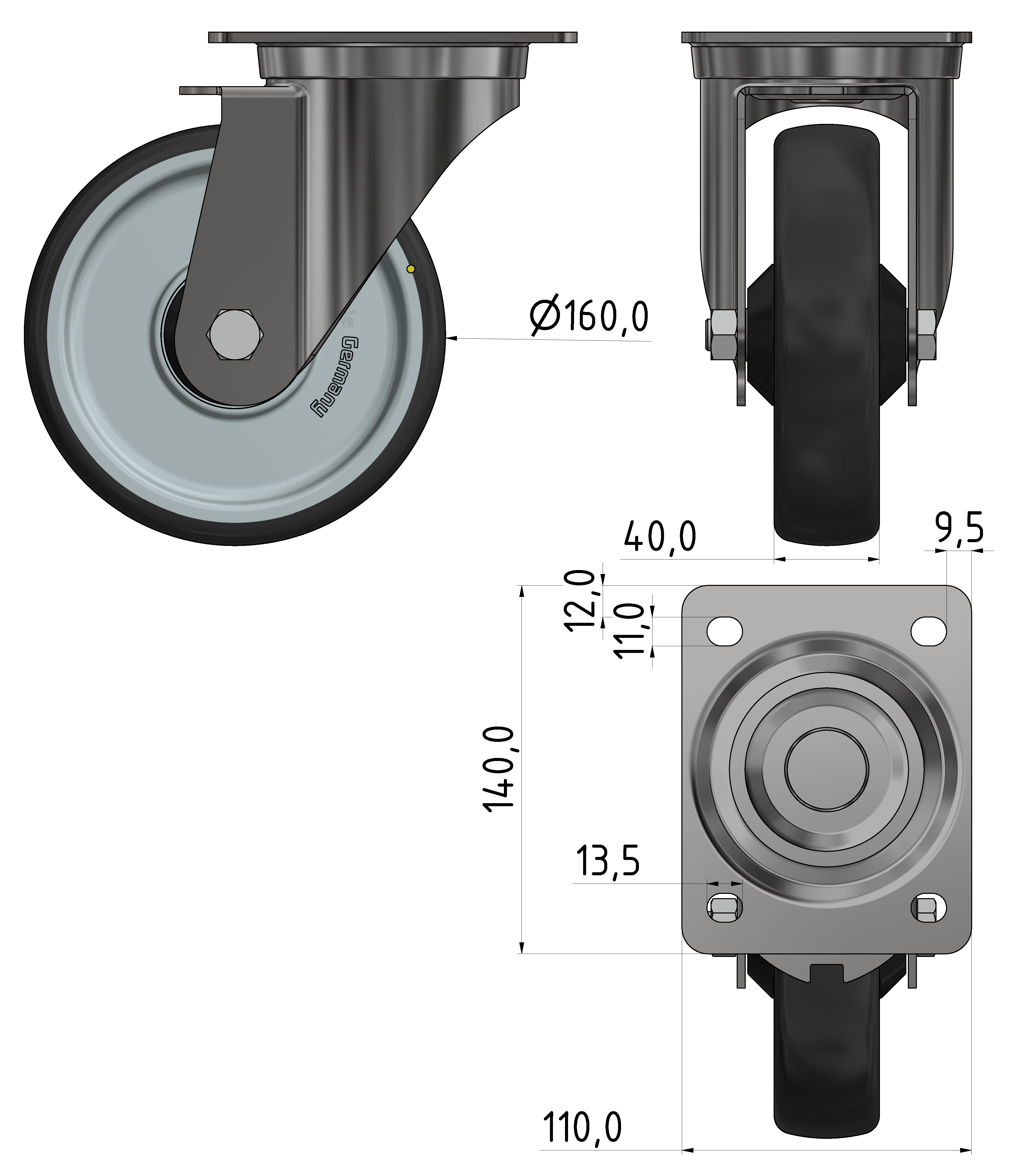 Castor D160 swivel antistatic, bright zinc-plated