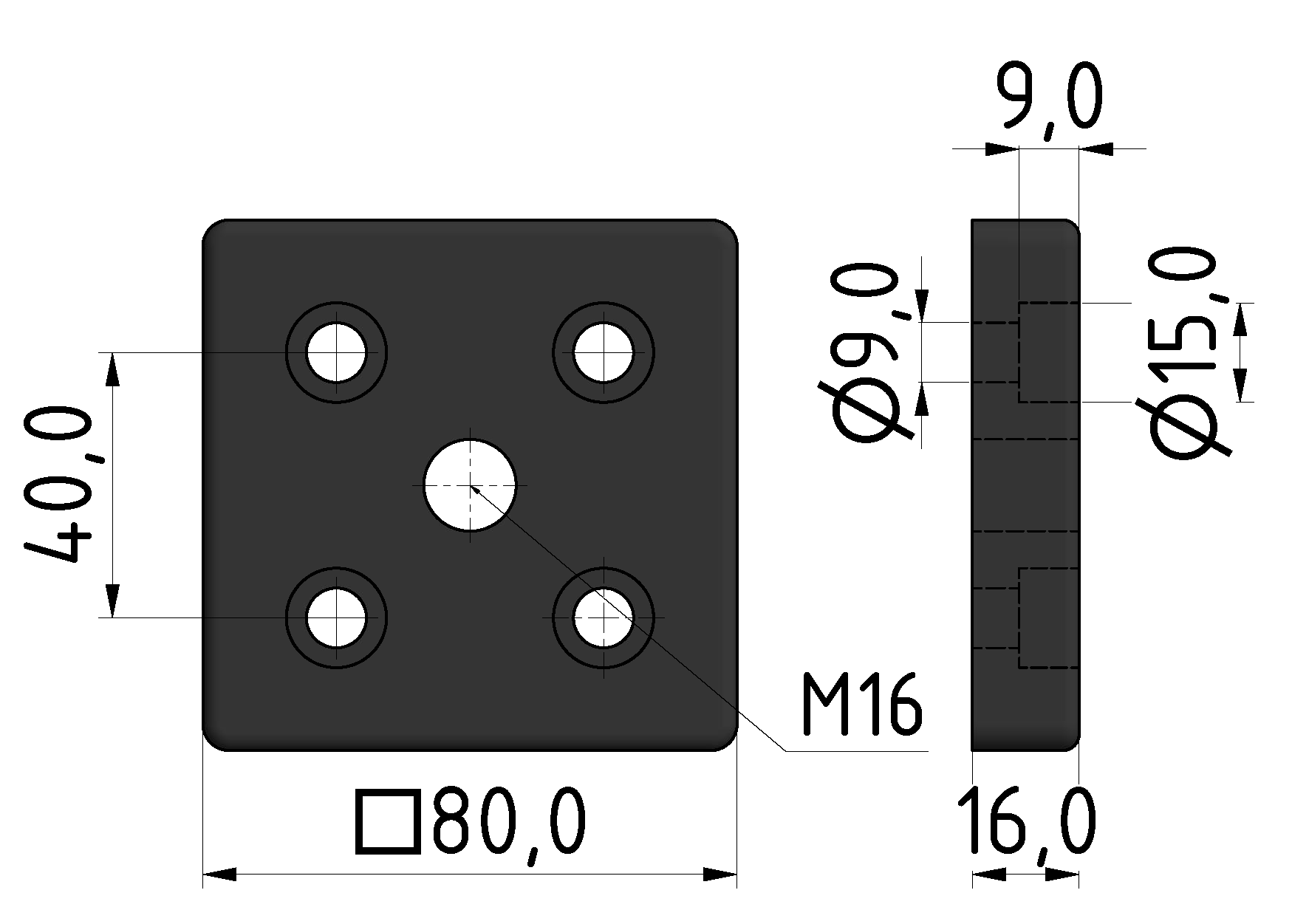 Fußplatte 8 80x80, M16, schwarz