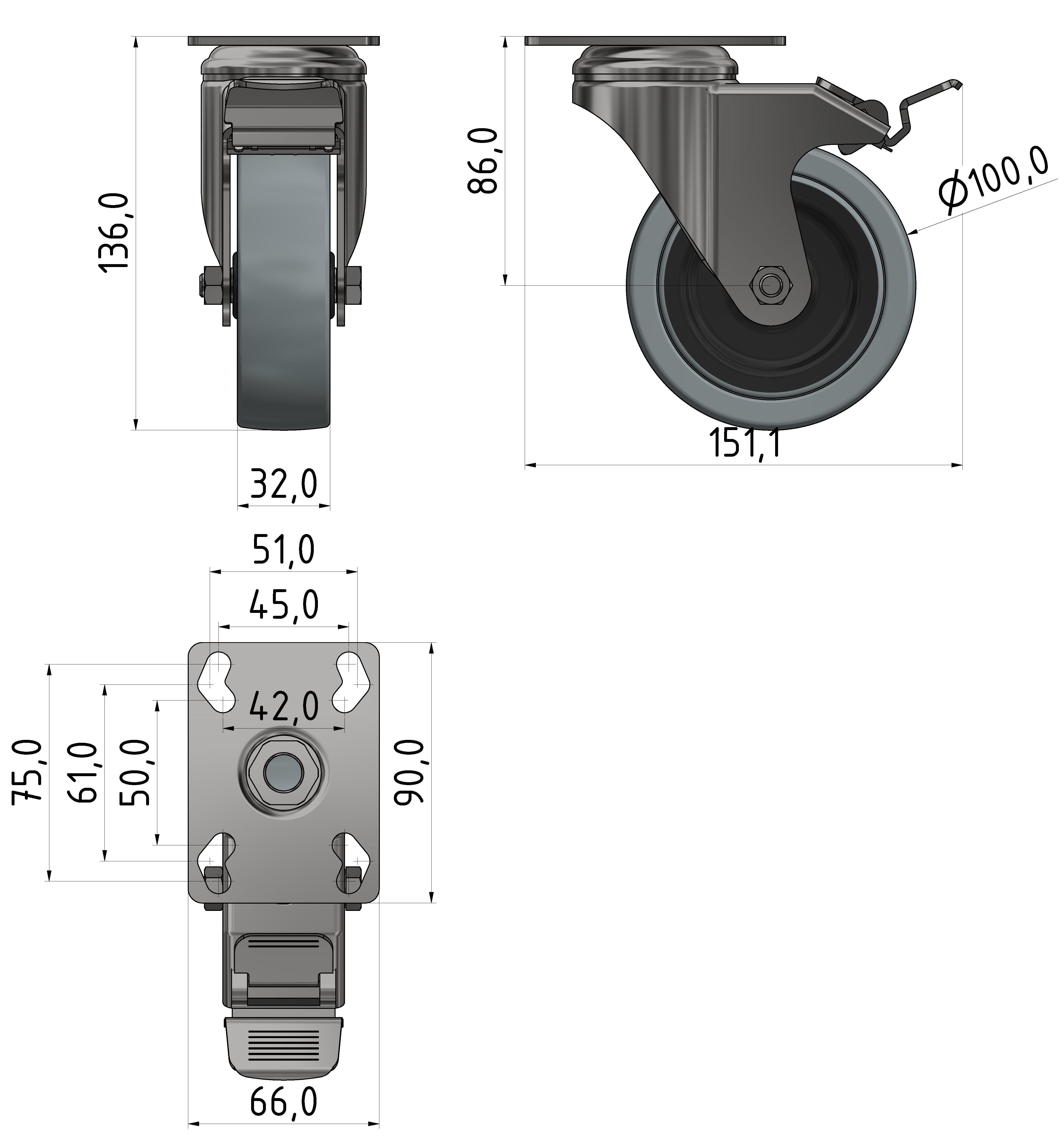 Castor D100 swivel with double-brake Fitting Plate, bright zinc-plated