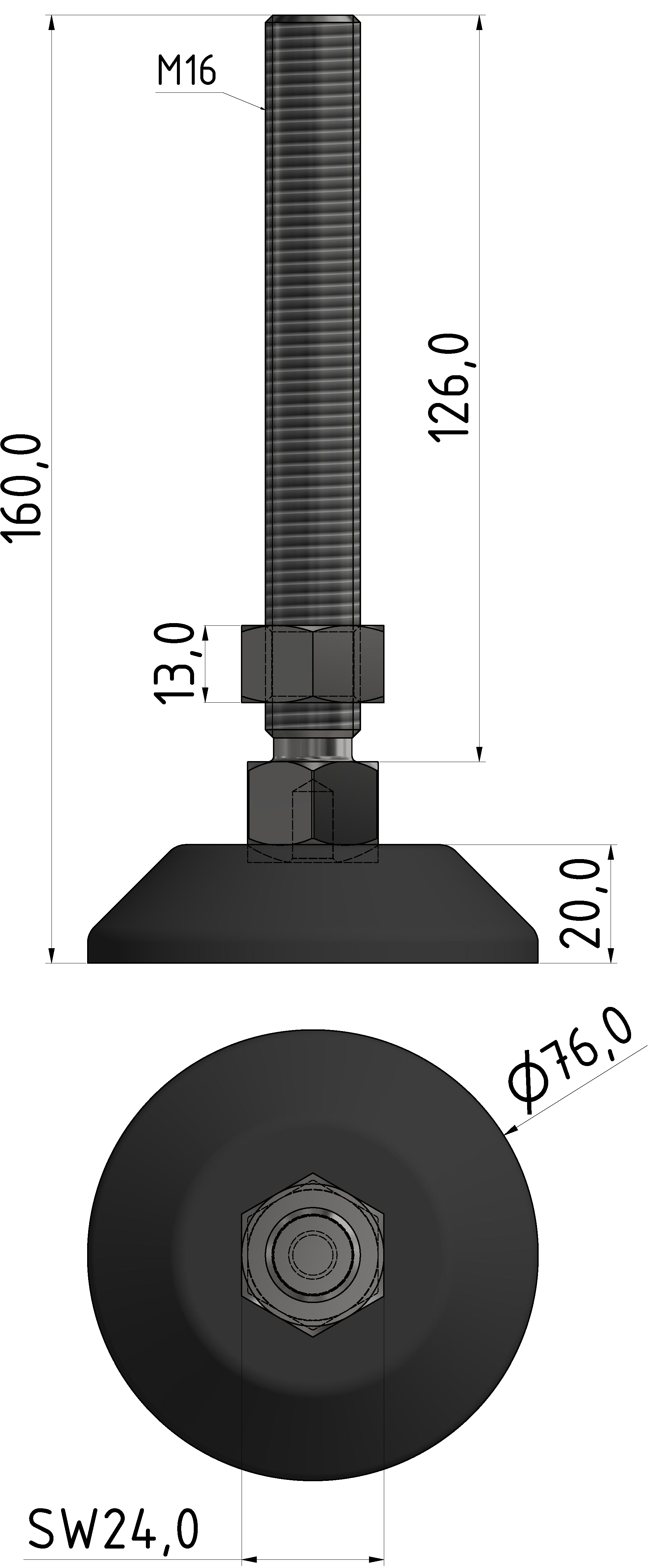 Stellfuß D80, M16x160, schwarz