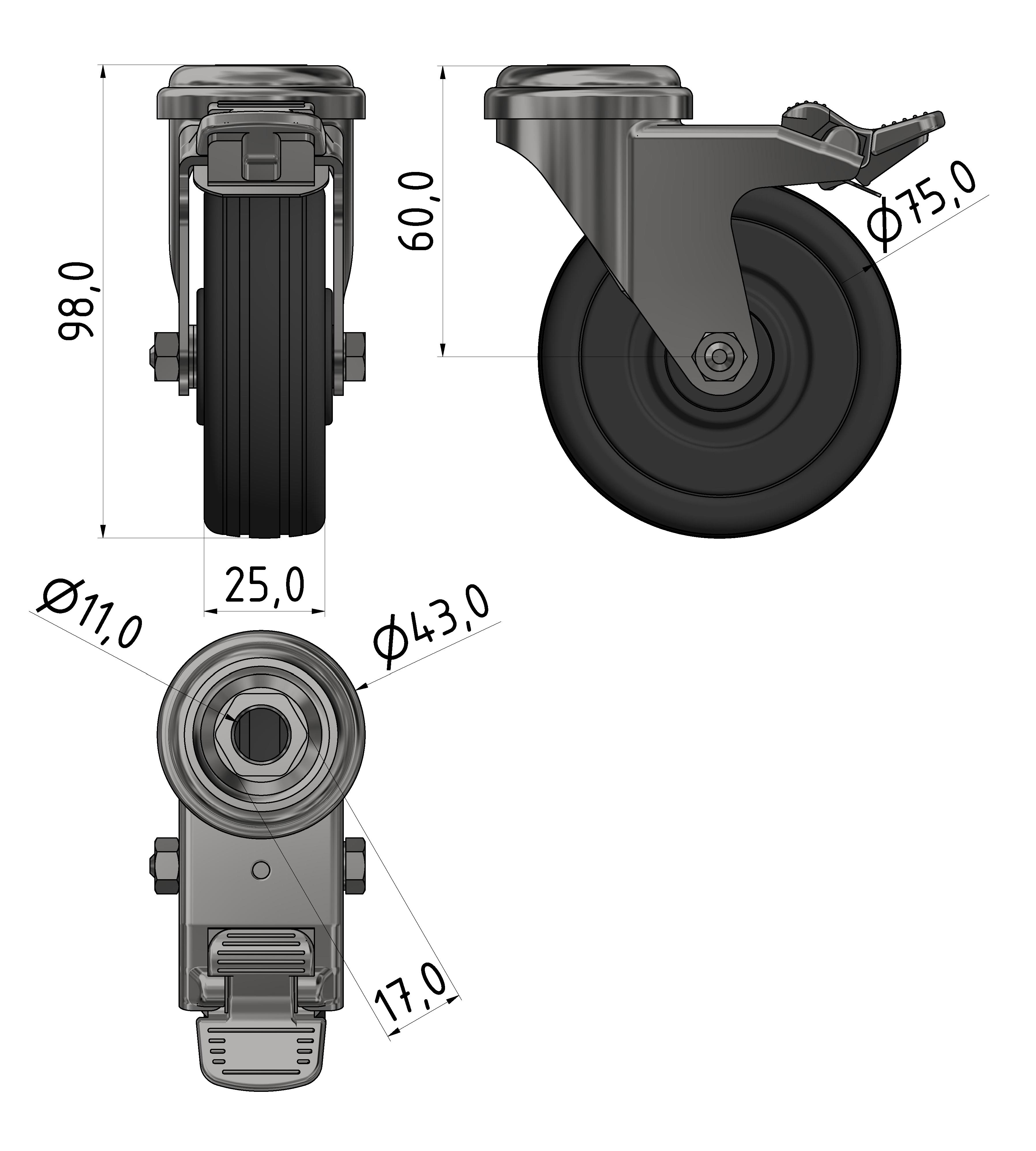 Lenkrolle D75 Doppelfeststeller ESD