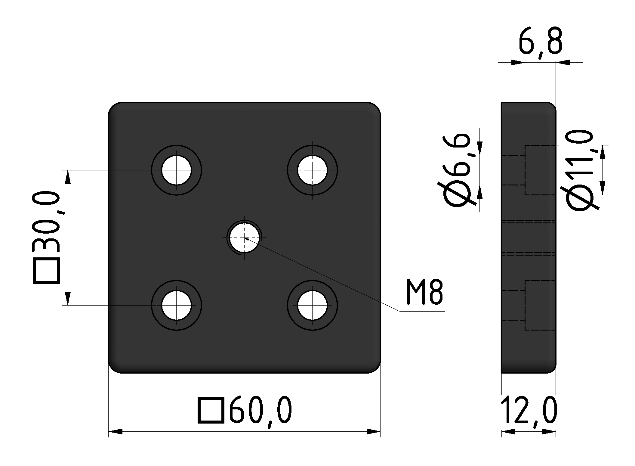 Fußplatte 6 60x60, M8, schwarz